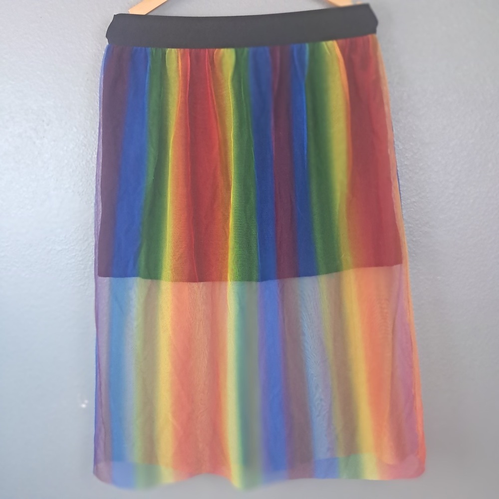 Rainbow Mesh Skirt Womens Small Y2K Indie Jewel-Tone Striped Midi Festival Wear - Picture 2 of 12